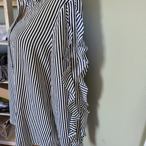 Banana Republic Striped Navy and White Dillon Shirt with Ruffle Sleeves - Picture 2 of 8